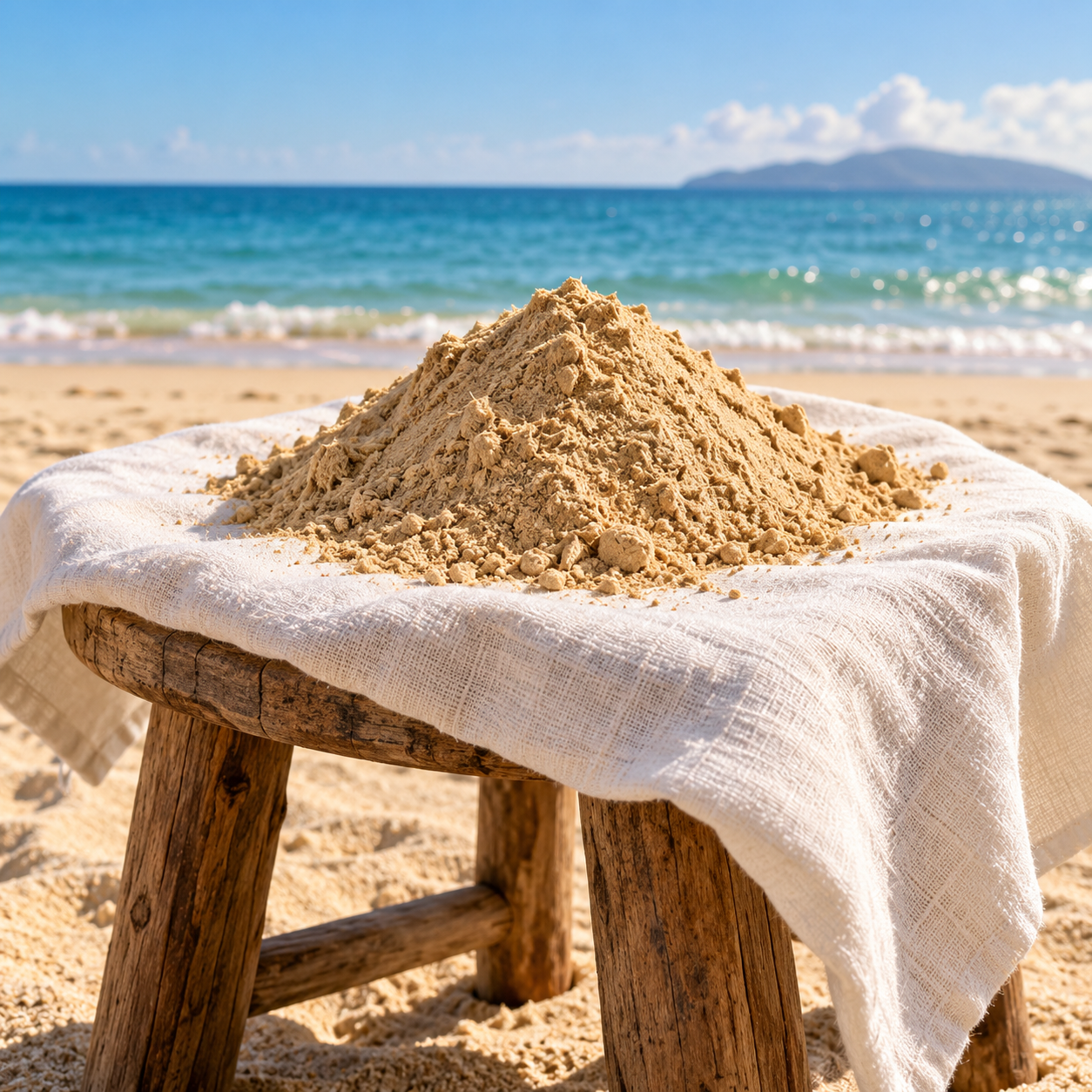 Solomon Chief kava root powder on linen beside the sea